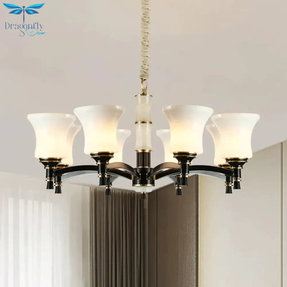 Black Flared Shade Hanging Pendant Light Traditional Style Frosted Glass 6/8 - Head Living Room