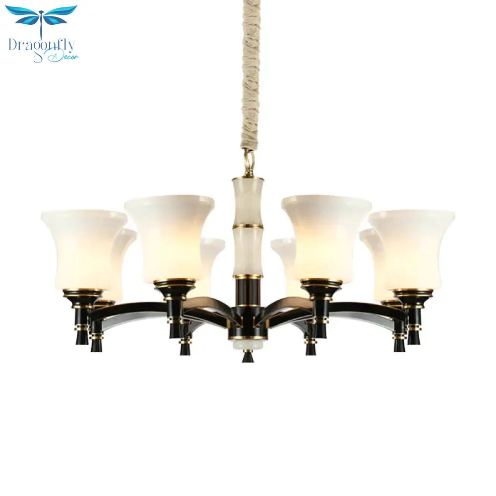 Black Flared Shade Hanging Pendant Light Traditional Style Frosted Glass 6/8 - Head Living Room