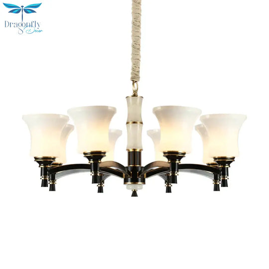 Black Flared Shade Hanging Pendant Light Traditional Style Frosted Glass 6/8 - Head Living Room
