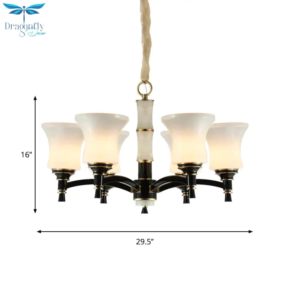 Black Flared Shade Hanging Pendant Light Traditional Style Frosted Glass 6/8 - Head Living Room