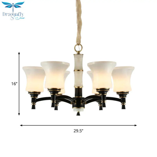 Black Flared Shade Hanging Pendant Light Traditional Style Frosted Glass 6/8 - Head Living Room