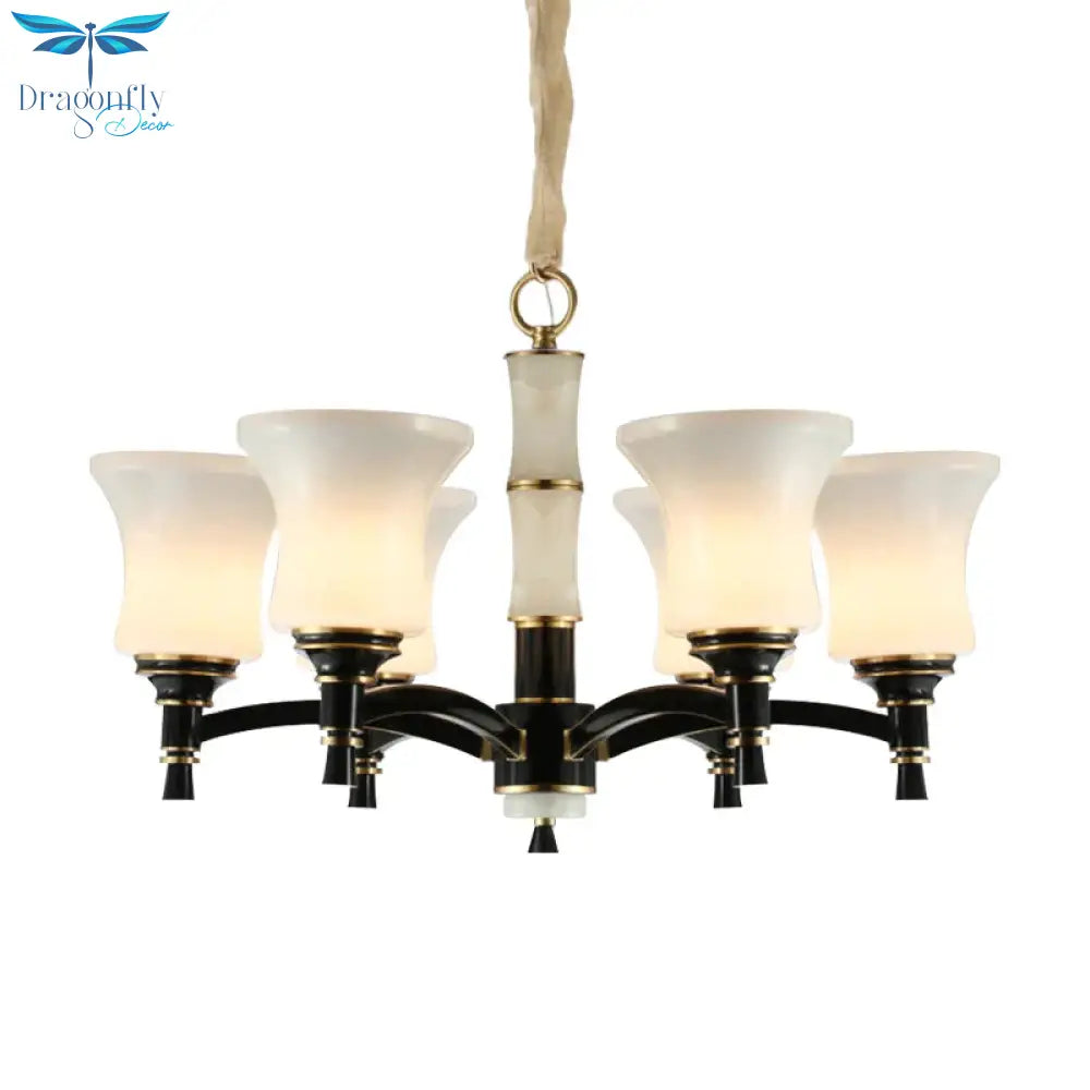 Black Flared Shade Hanging Pendant Light Traditional Style Frosted Glass 6/8 - Head Living Room