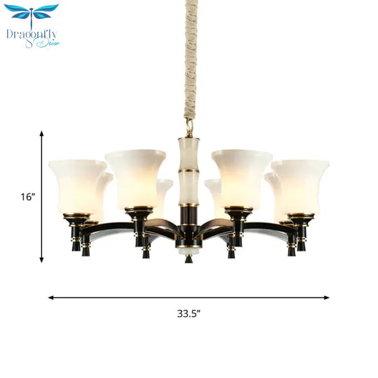Black Flared Shade Hanging Pendant Light Traditional Style Frosted Glass 6/8 - Head Living Room