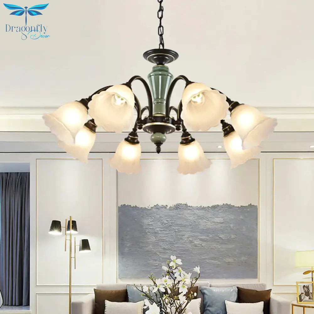 Black Flower Ceiling Chandelier Rural Style Frosted Glass 3/6/8 Heads Hanging Light Kit With