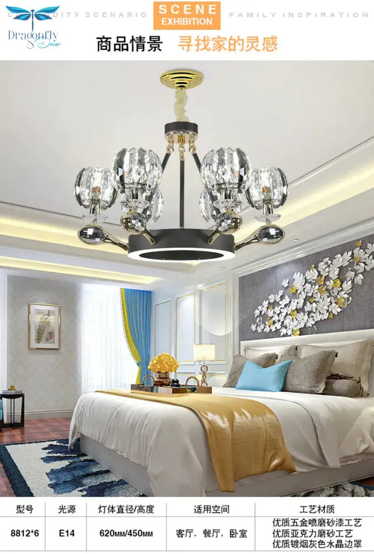 Black Global Chandelier Pendant Light Traditionalism 6/8 Heads Led Crystal Hanging Lamp For Living