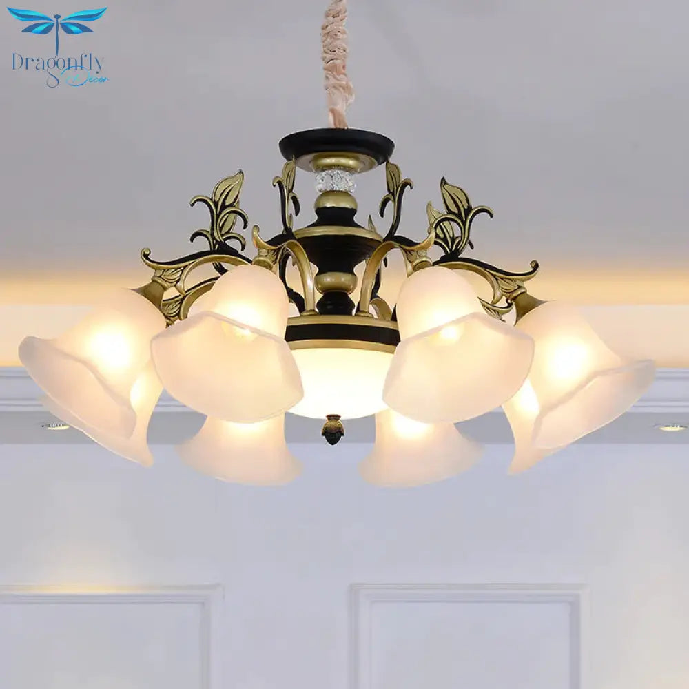 Black - Gold Flower - Like Suspension Lighting Traditional Milky Glass 3/6/8 Heads Dining Room Down