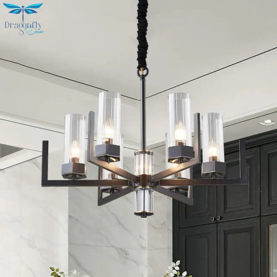 Black Radial Chandelier Vintage Metal 6 - Bulb Dining Table Suspension Pendant Light With Flute