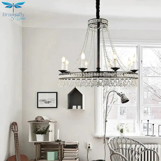 Black Round Chandelier Lamp Nordic Crystal 4/6/8 Heads Pendant Lighting Fixture For Living Room