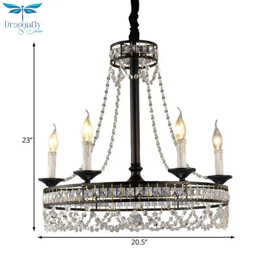 Black Round Chandelier Lamp Nordic Crystal 4/6/8 Heads Pendant Lighting Fixture For Living Room