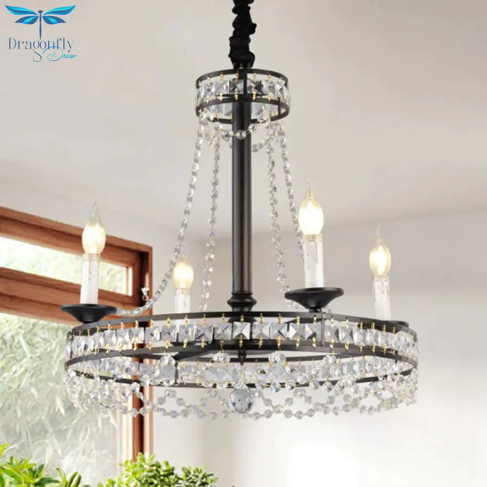 Black Round Chandelier Lamp Nordic Crystal 4/6/8 Heads Pendant Lighting Fixture For Living Room
