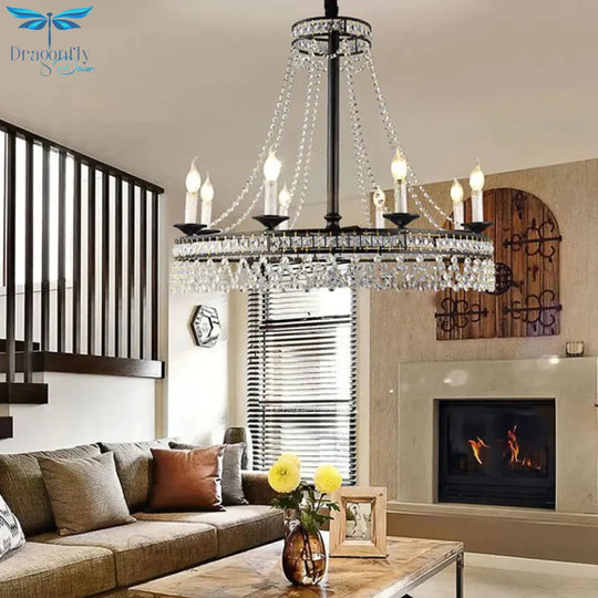 Black Round Chandelier Lamp Nordic Crystal 4/6/8 Heads Pendant Lighting Fixture For Living Room