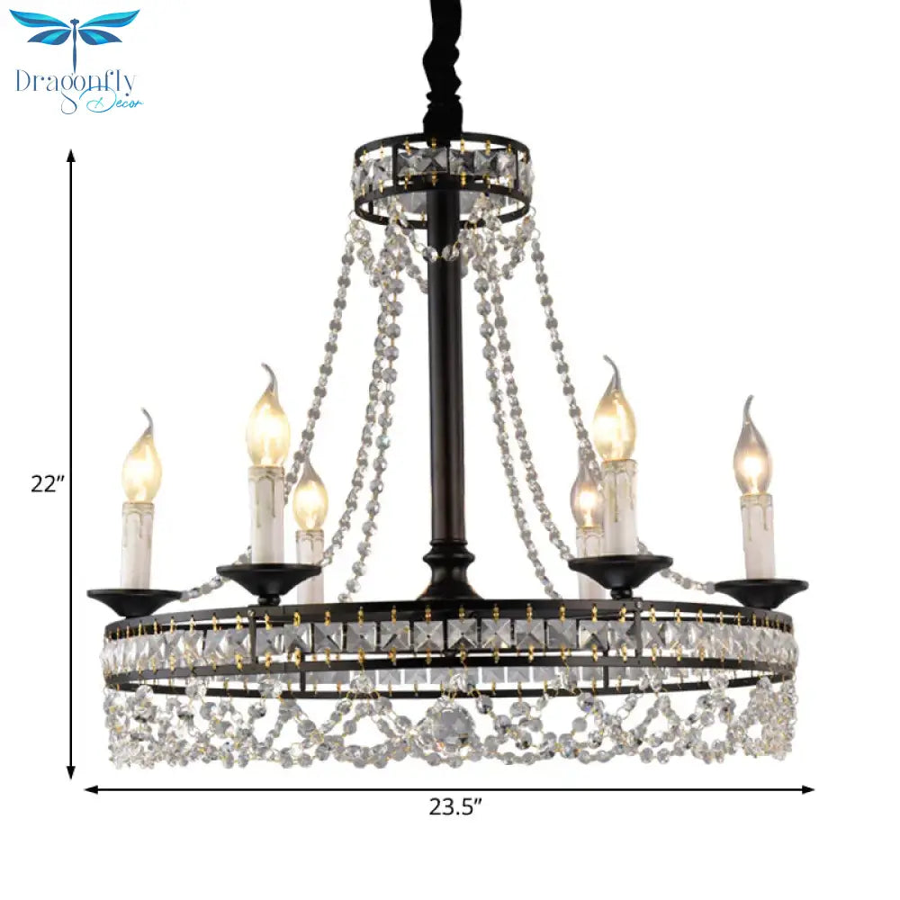 Black Round Chandelier Lamp Nordic Crystal 4/6/8 Heads Pendant Lighting Fixture For Living Room