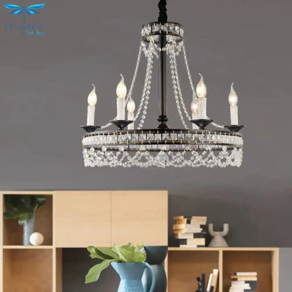 Black Round Chandelier Lamp Nordic Crystal 4/6/8 Heads Pendant Lighting Fixture For Living Room