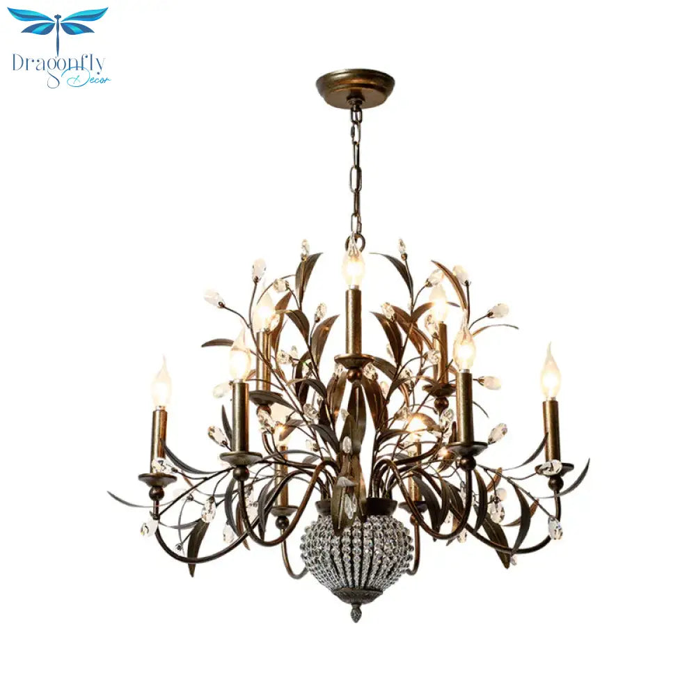 Black Spur Chandelier Lamp Modernism Crystal 9 Heads Pendant Lighting Fixture With Metal Leaf