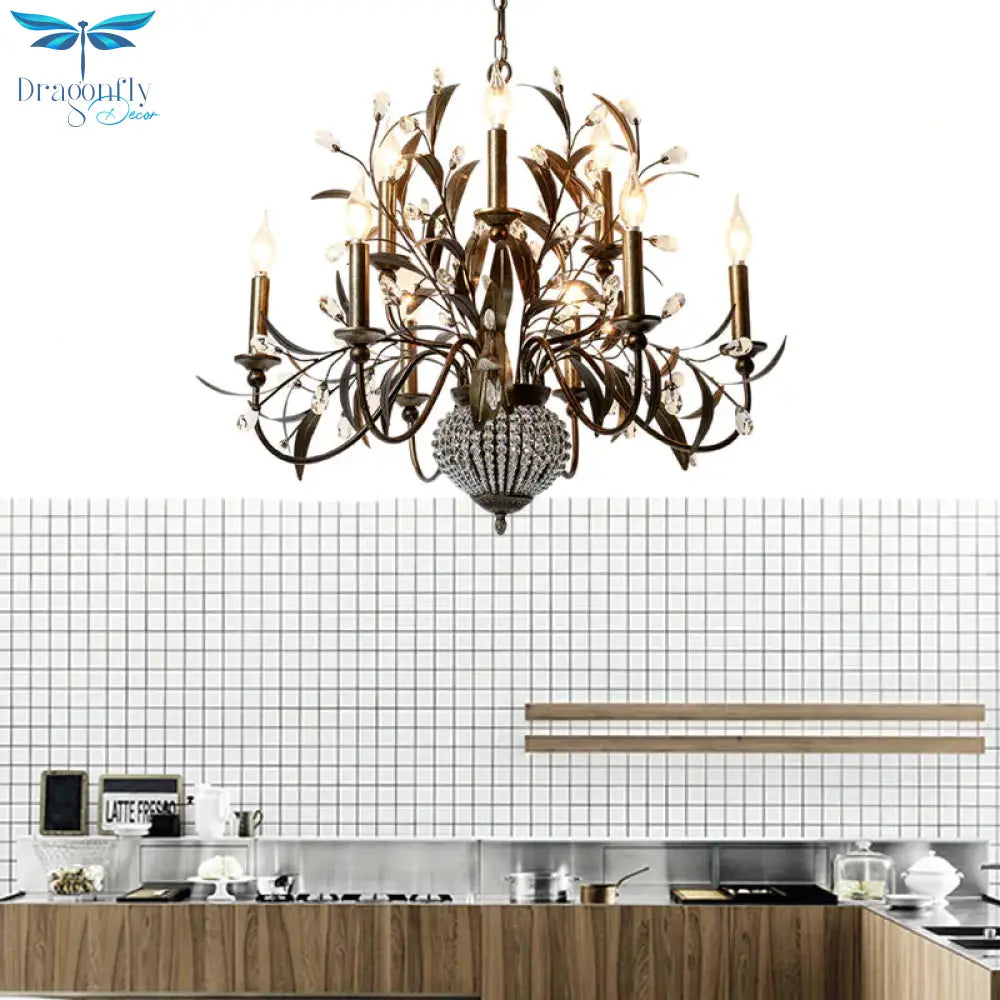 Black Spur Chandelier Lamp Modernism Crystal 9 Heads Pendant Lighting Fixture With Metal Leaf