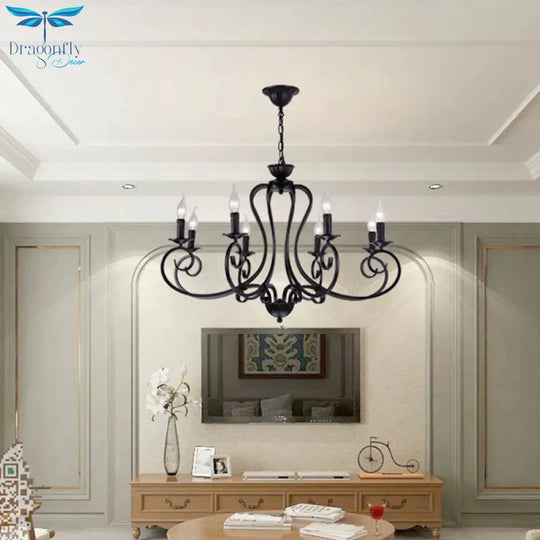 Black Swirled Arm Cahndelier Lamp Vintage Metal 8 Lights Bedroom Hanging Pendant Light