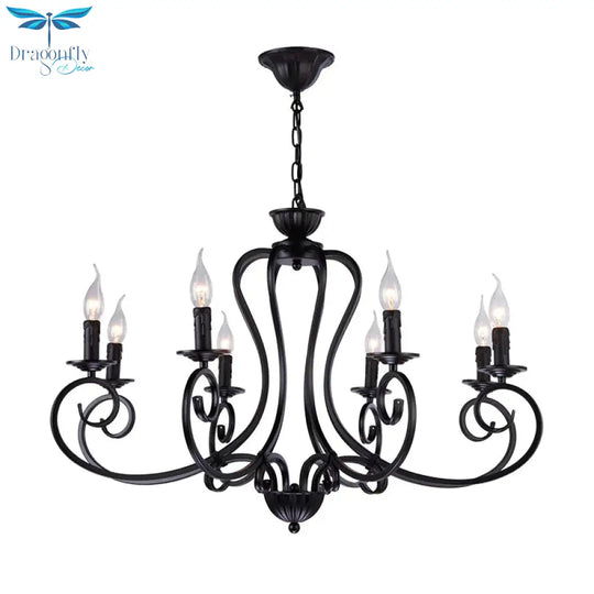 Black Swirled Arm Cahndelier Lamp Vintage Metal 8 Lights Bedroom Hanging Pendant Light