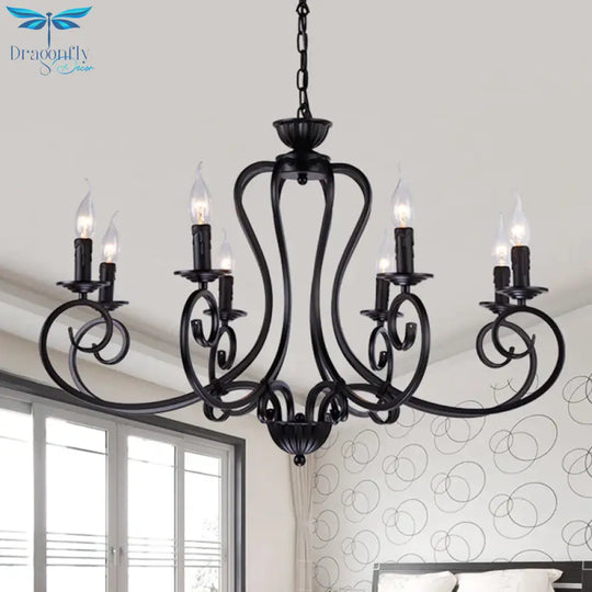 Black Swirled Arm Cahndelier Lamp Vintage Metal 8 Lights Bedroom Hanging Pendant Light
