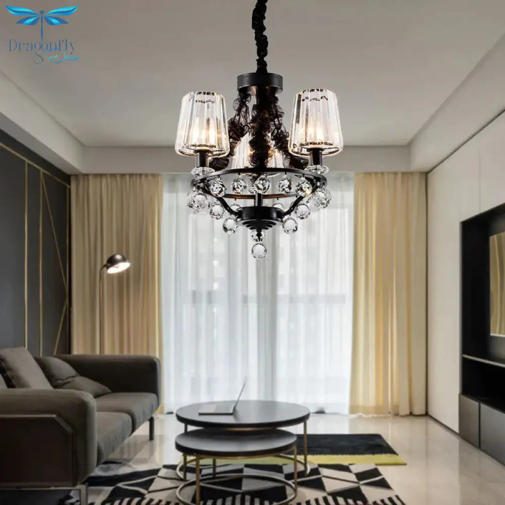 Black Tapered Chandelier Pendant Light Traditional Crystal Block 3/6 Heads Bedroom Hanging Ceiling