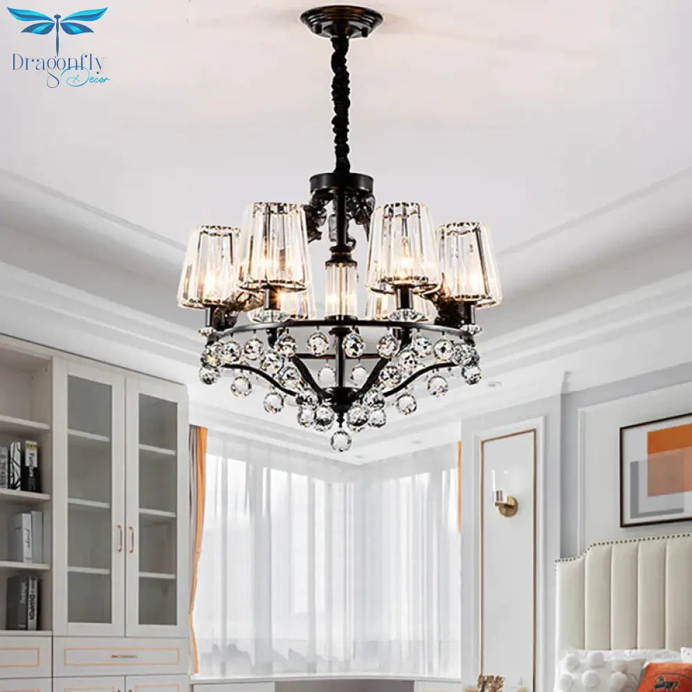 Black Tapered Chandelier Pendant Light Traditional Crystal Block 3/6 Heads Bedroom Hanging Ceiling