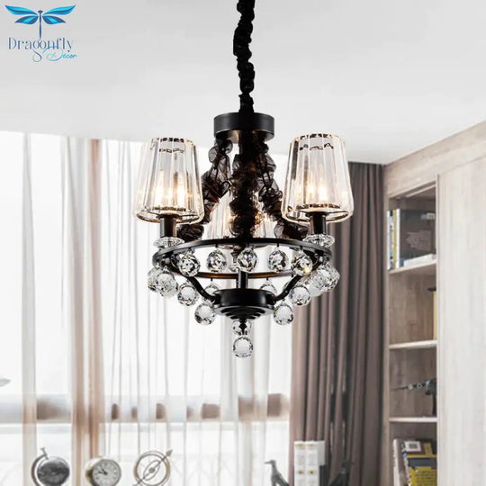 Black Tapered Chandelier Pendant Light Traditional Crystal Block 3/6 Heads Bedroom Hanging Ceiling