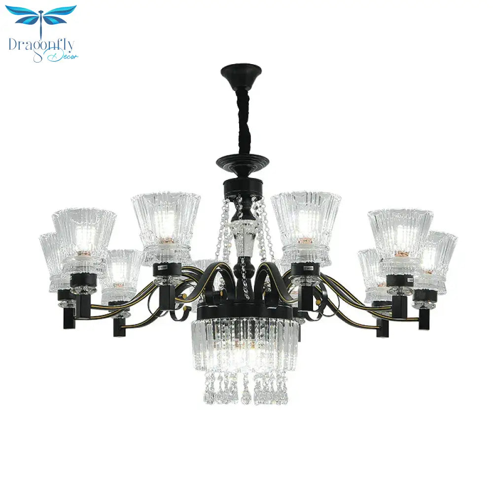 Black Tapered Hanging Ceiling Light Traditional Crystal Stands 13 Heads Great Room Chandelier