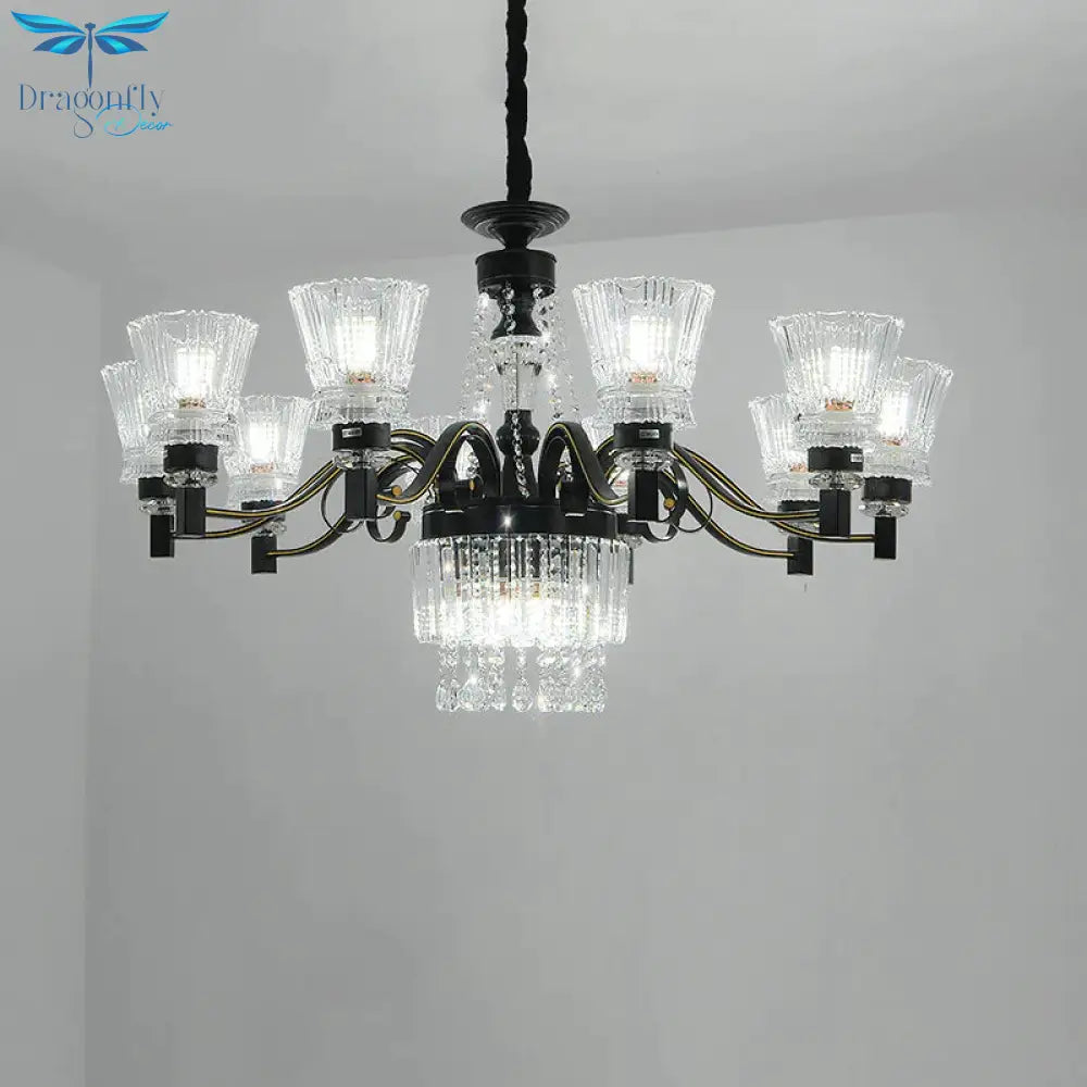 Black Tapered Hanging Ceiling Light Traditional Crystal Stands 13 Heads Great Room Chandelier