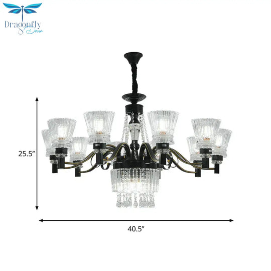 Black Tapered Hanging Ceiling Light Traditional Crystal Stands 13 Heads Great Room Chandelier
