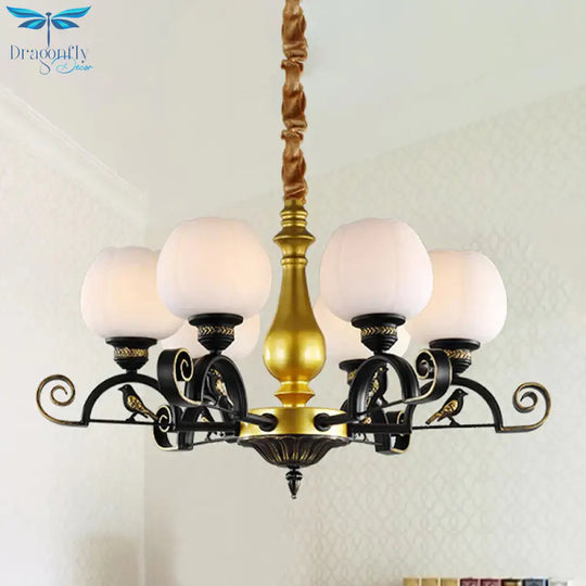 Bloom Study Pendant Chandelier Retro Opal Glass 6 - Light Black And Gold Ceiling Light With Bird