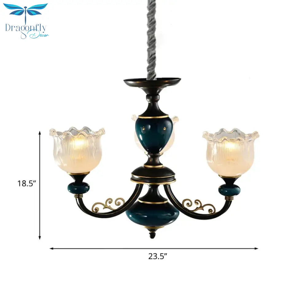 Blossom Living Room Pendulum Light Classic Clear Ribbed Glass 3/6 Lights Black And Blue Chandelier