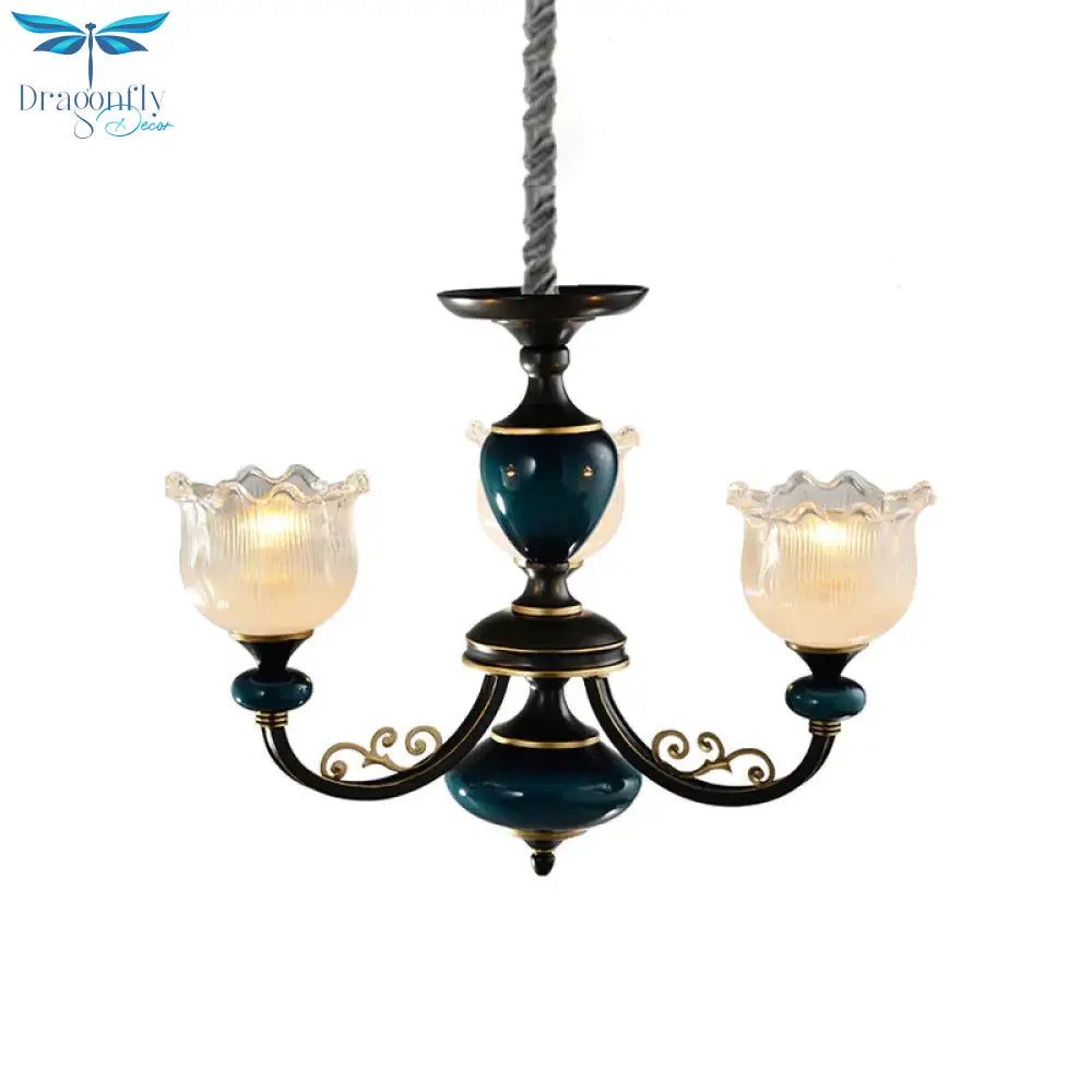 Blossom Living Room Pendulum Light Classic Clear Ribbed Glass 3/6 Lights Black And Blue Chandelier