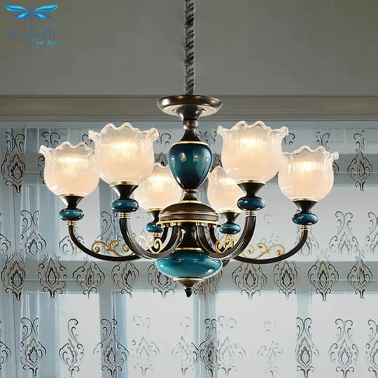 Blossom Living Room Pendulum Light Classic Clear Ribbed Glass 3/6 Lights Black And Blue Chandelier