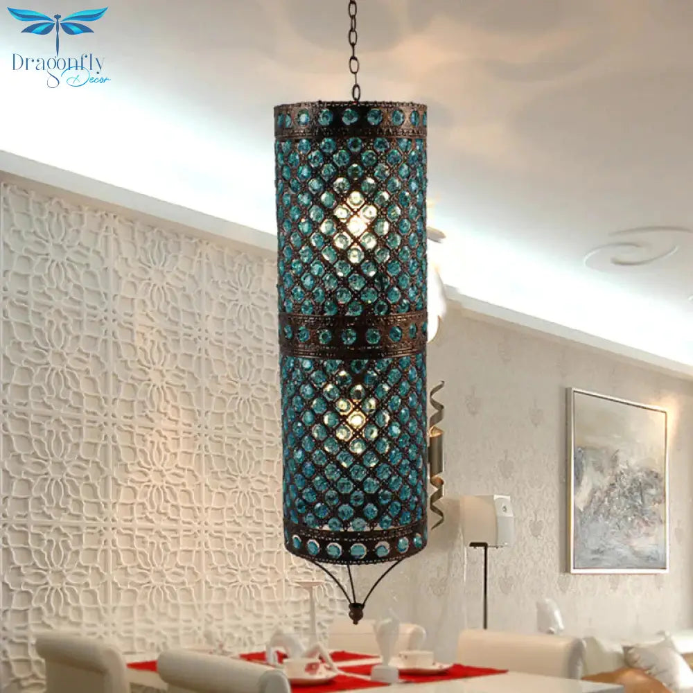 Blue 2 Lights Chandelier Lamp Bohemian Metal Column Suspension Lighting Fixture For Dining Room