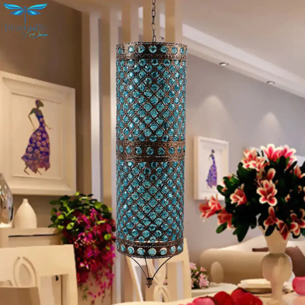 Blue 2 Lights Chandelier Lamp Bohemian Metal Column Suspension Lighting Fixture For Dining Room