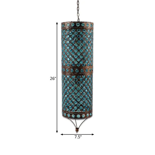 Blue 2 Lights Chandelier Lamp Bohemian Metal Column Suspension Lighting Fixture For Dining Room
