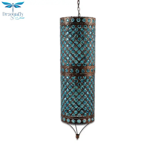 Blue 2 Lights Chandelier Lamp Bohemian Metal Column Suspension Lighting Fixture For Dining Room