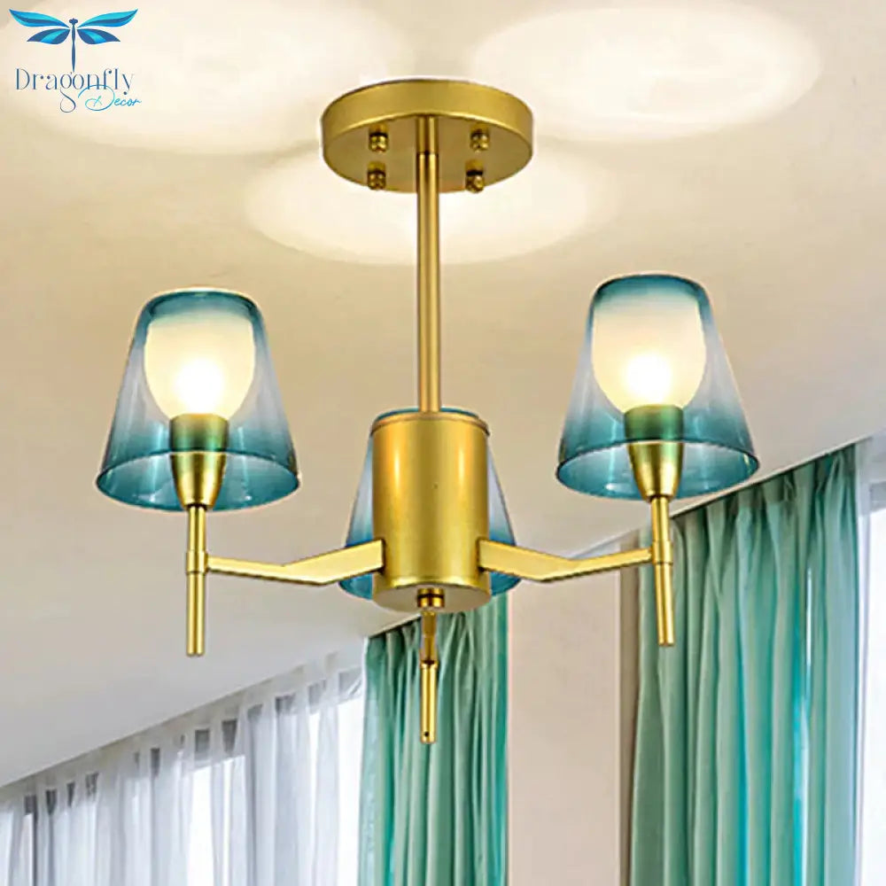 Blue 3 Lights Pendant Chandelier Traditional Metal Tapered Hanging Light For Living Room