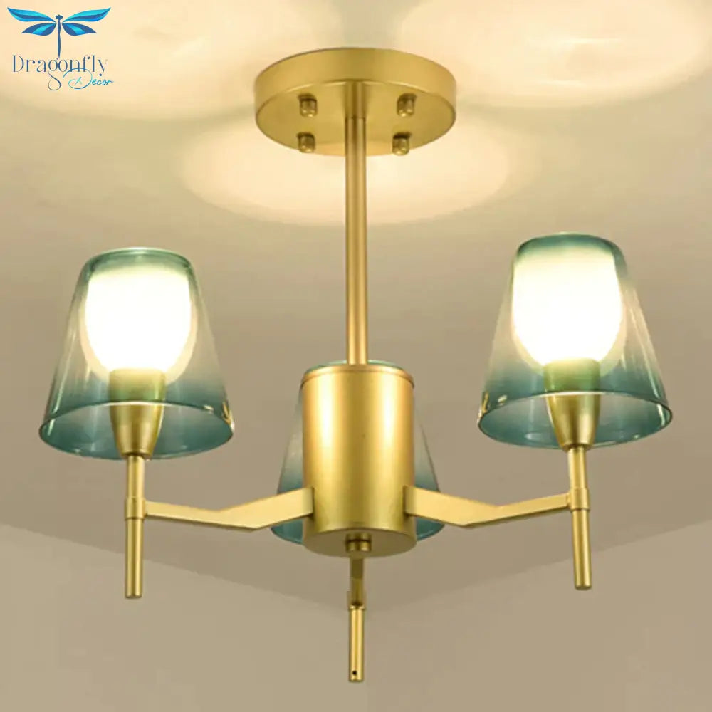 Blue 3 Lights Pendant Chandelier Traditional Metal Tapered Hanging Light For Living Room