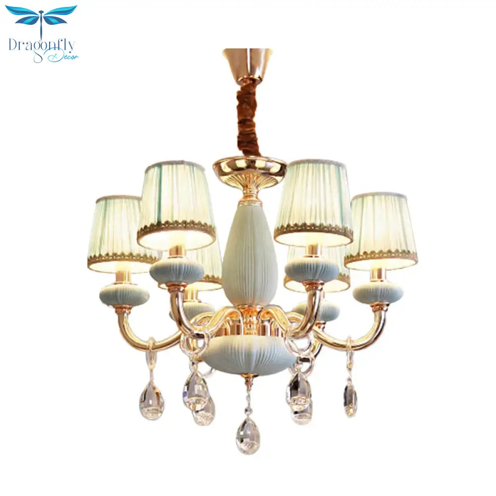 Blue Barrel Ceiling Light Traditionalist Fabric 6 - Bulb Bedroom Hanging Chandelier With Crystal