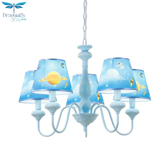 Blue Barrel Chandelier Light Mediterranean 5/6 Bulbs Fabric Ceiling Hang Fixture With Universe