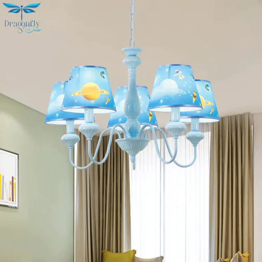 Blue Barrel Chandelier Light Mediterranean 5/6 Bulbs Fabric Ceiling Hang Fixture With Universe