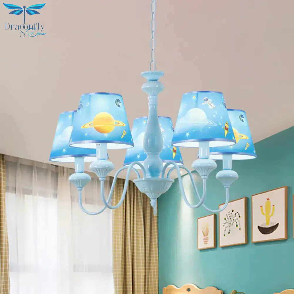Blue Barrel Chandelier Light Mediterranean 5/6 Bulbs Fabric Ceiling Hang Fixture With Universe
