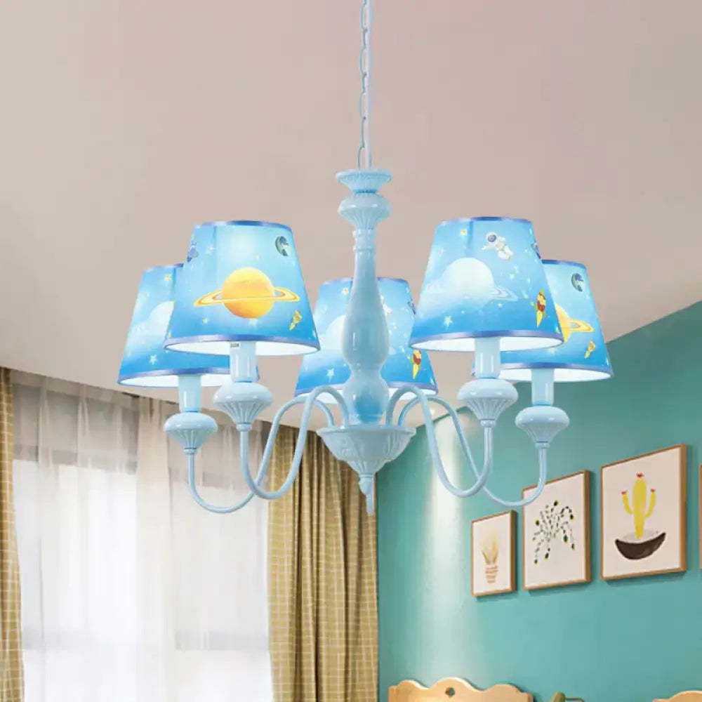 Blue Barrel Chandelier Light Mediterranean 5/6 Bulbs Fabric Ceiling Hang Fixture With Universe