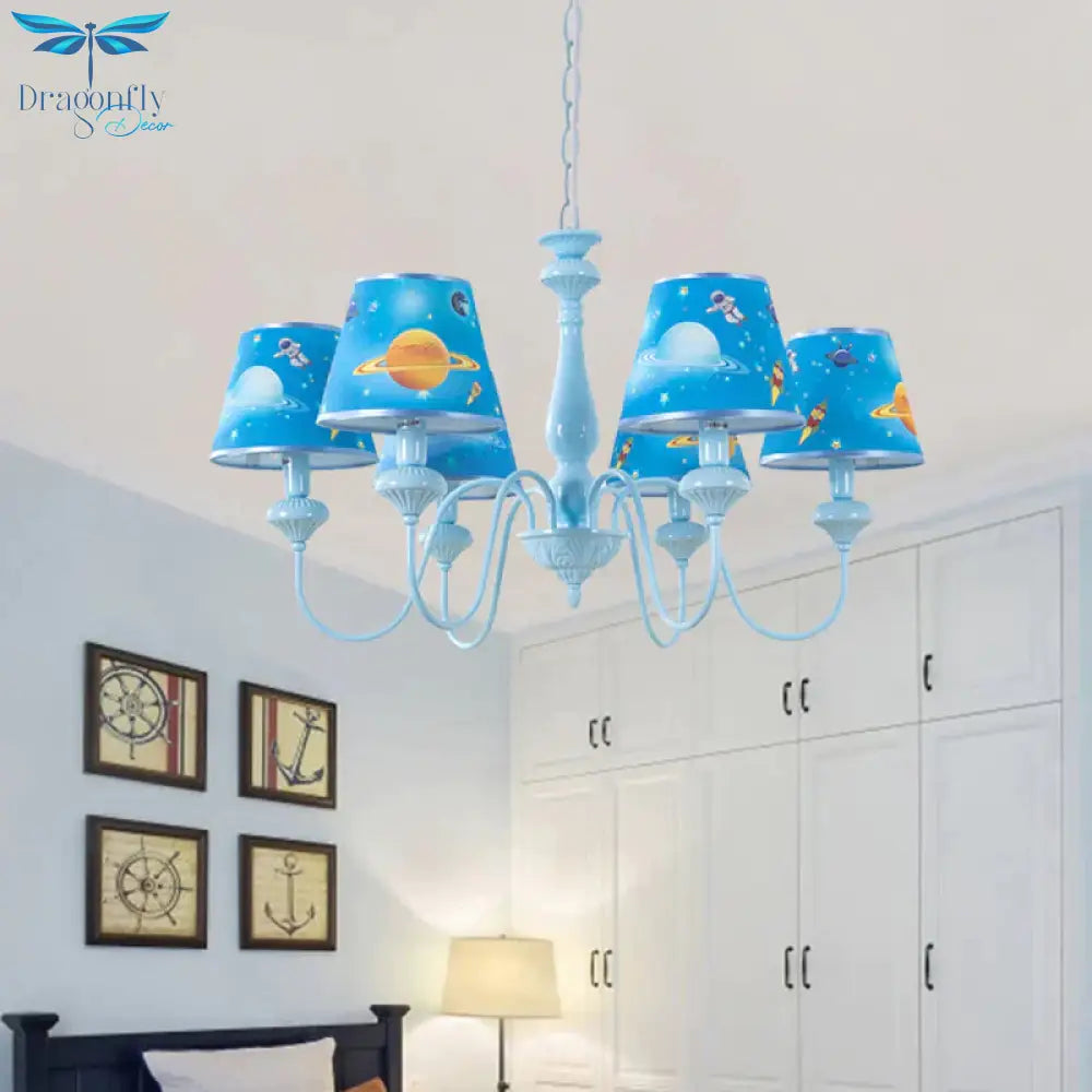 Blue Barrel Chandelier Light Mediterranean 5/6 Bulbs Fabric Ceiling Hang Fixture With Universe