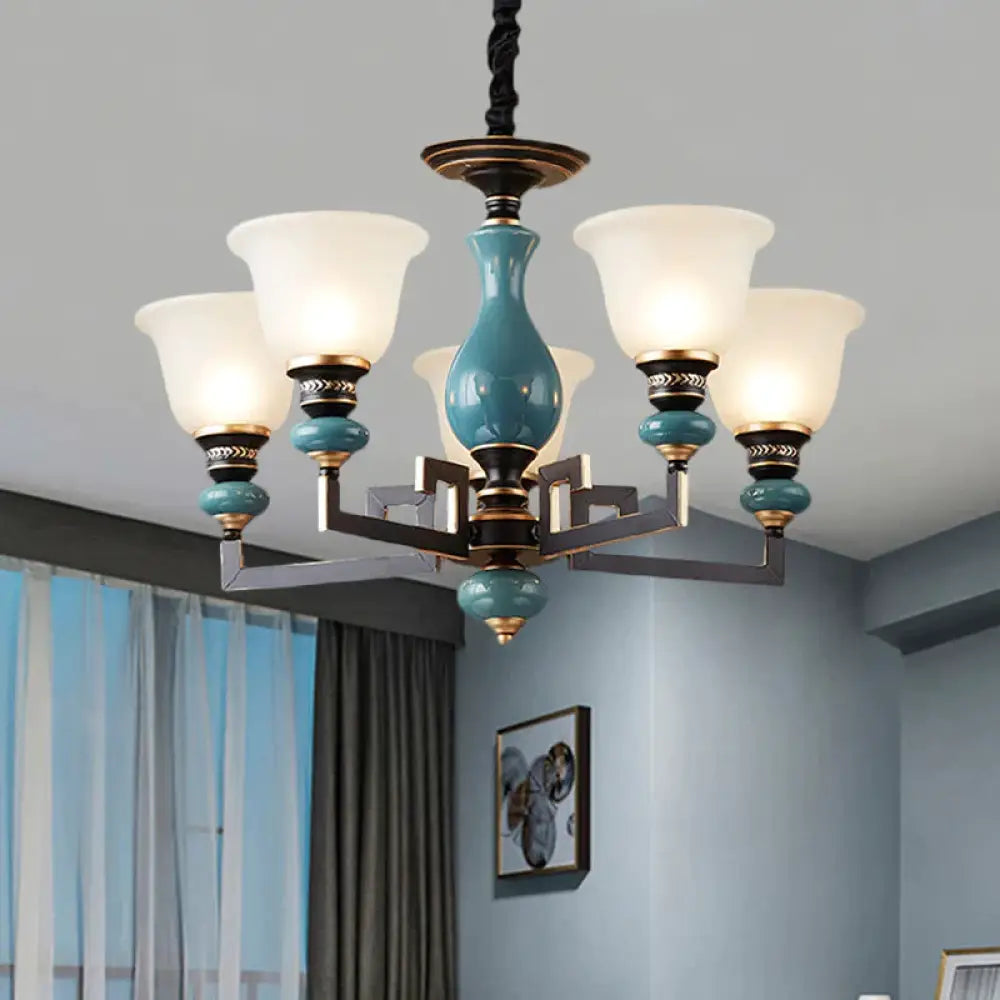 Blue - Black 3/5/6 Heads Pendulum Light Vintage Style Milky Glass Bell Shaped Hanging Chandelier 5 /
