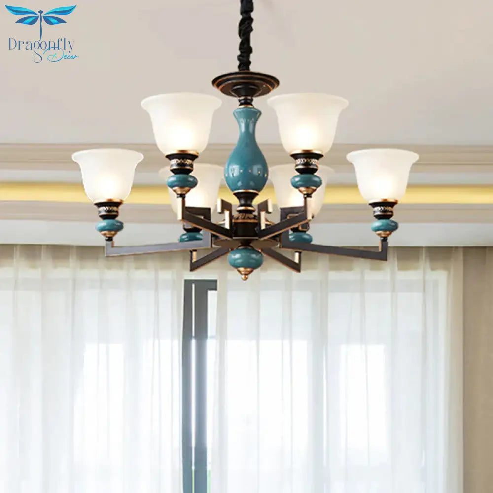 Blue - Black 3/5/6 Heads Pendulum Light Vintage Style Milky Glass Bell Shaped Hanging Chandelier