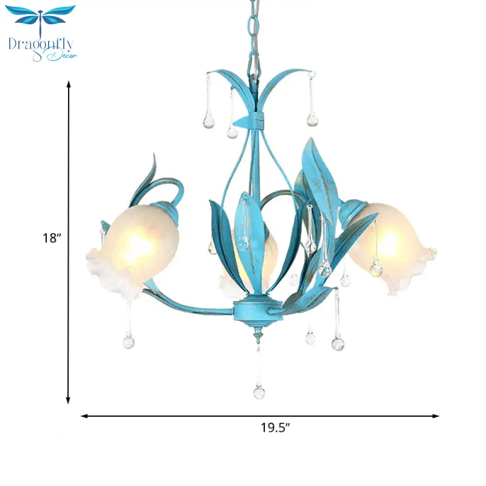 Blue Bloom Hanging Light Fixture Countryside White Prismatic Glass 3/6 Heads Restaurant Chandelier