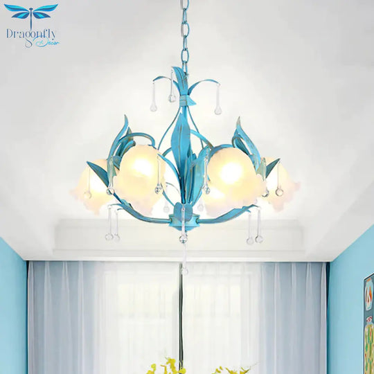 Blue Bloom Hanging Light Fixture Countryside White Prismatic Glass 3/6 Heads Restaurant Chandelier
