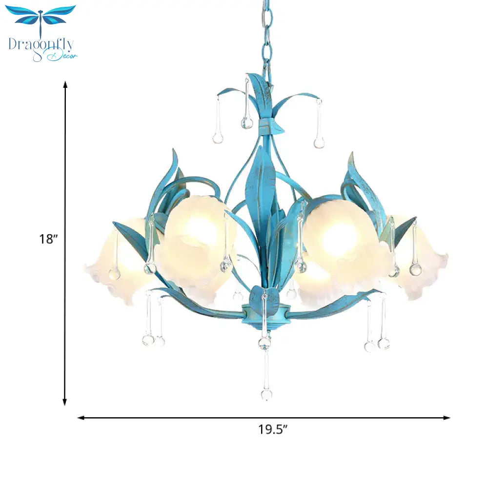 Blue Bloom Hanging Light Fixture Countryside White Prismatic Glass 3/6 Heads Restaurant Chandelier