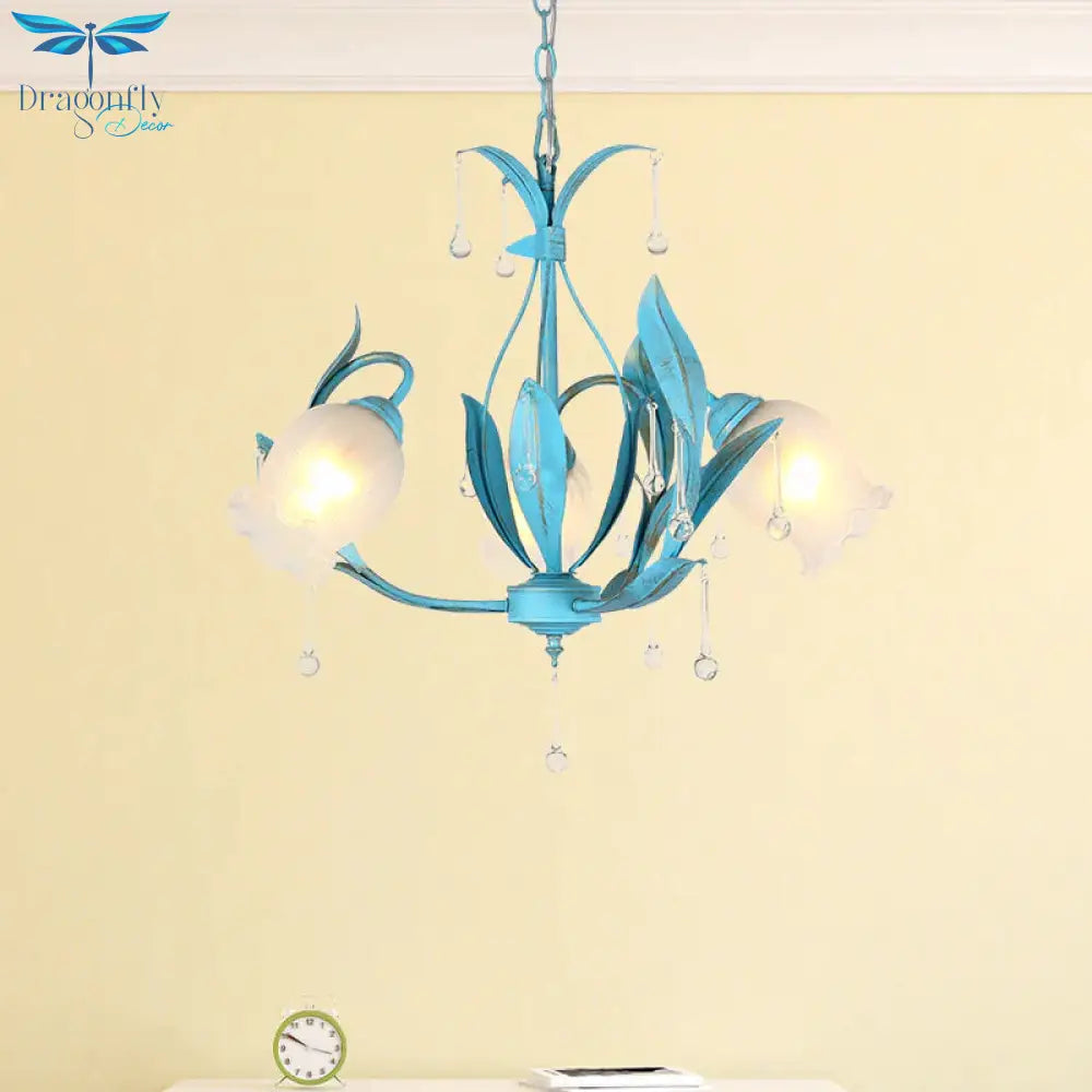 Blue Bloom Hanging Light Fixture Countryside White Prismatic Glass 3/6 Heads Restaurant Chandelier